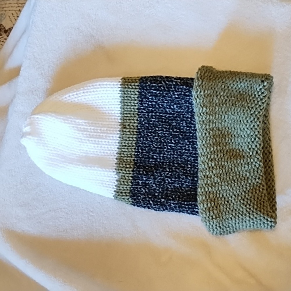 Knit Hat crochet loom Olive green and Heather stripes Beanie ski winter Stretchy